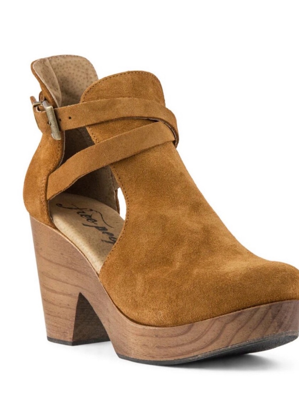 Free People Tan Suede Platform Clog Mule with Cross Strap and Buckle